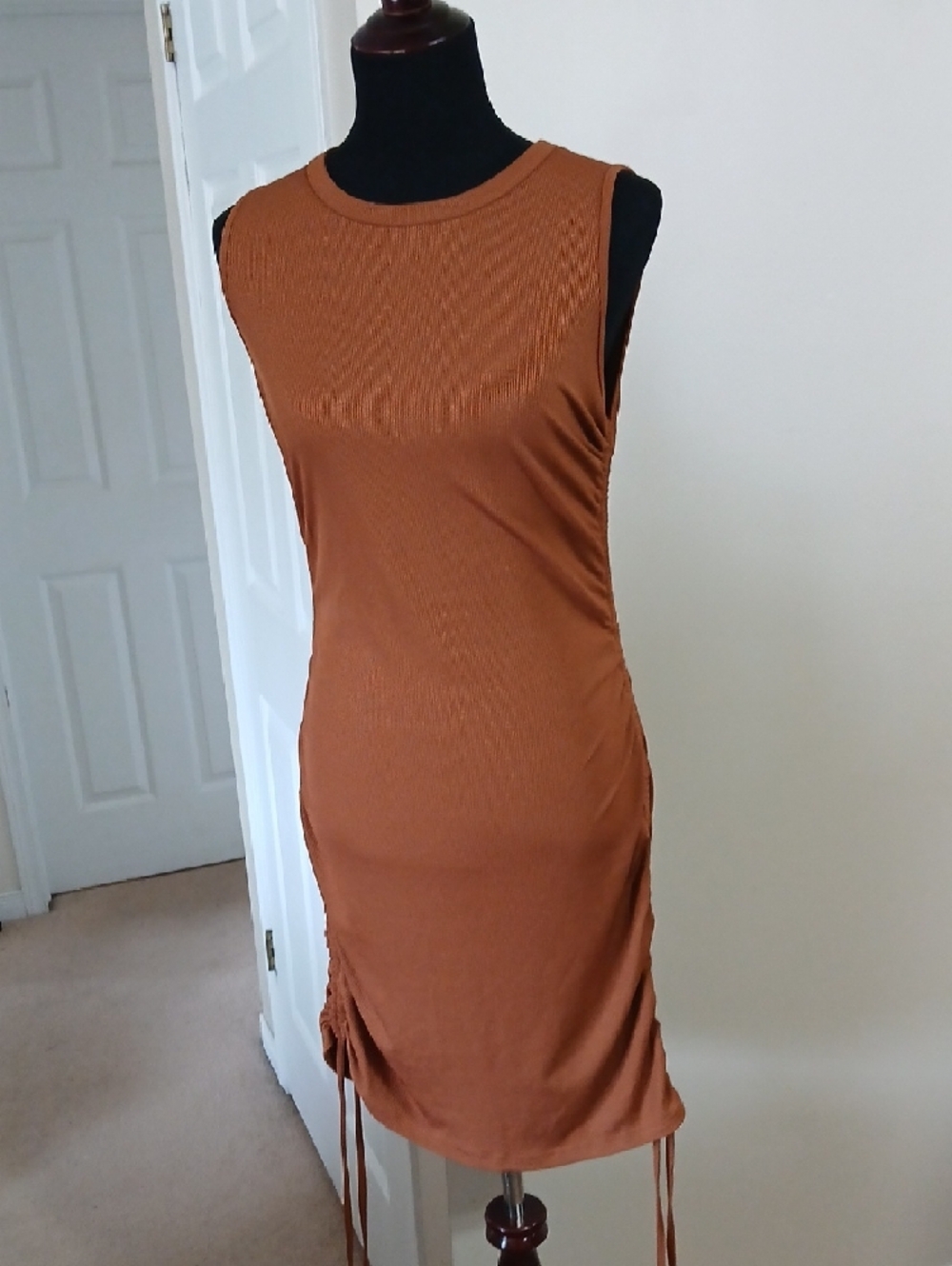 ❤️3@$25 NWT Sleeveless Rust Mini Dress with Side Ruching - Picture 7 of 10